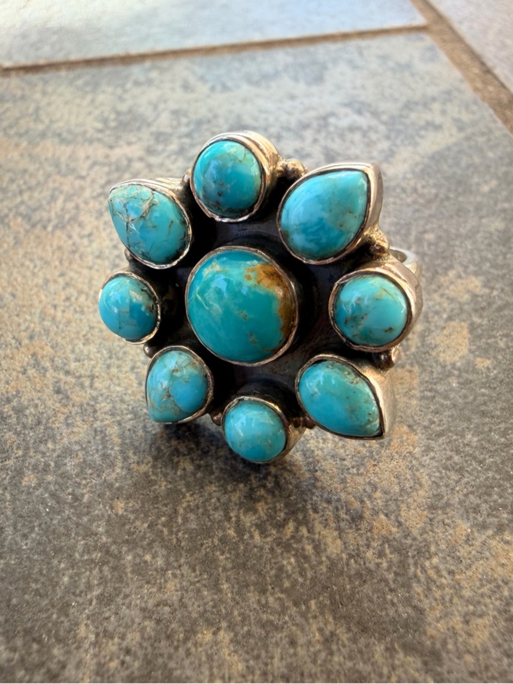 Sterling Silver Turquoise Flower Cluster Statement Ring | Size 6.5 | 925 Signed - Picture 3 of 5